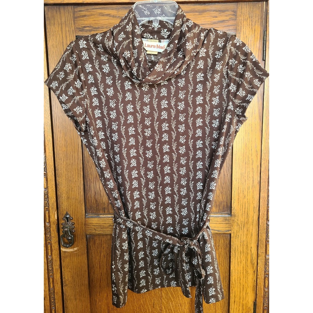 Vintage Laura Mae Brown Floral Cowl Neck Short Sleeve Tie Waist Blouse Top 70s